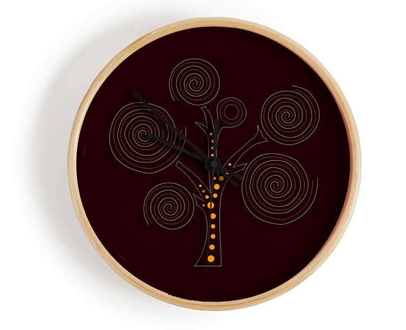 Aboriginal Tree 3 clock made from natural bamboo with a round face and clear Plexiglas lens, available in black, white, and natural frame colors.